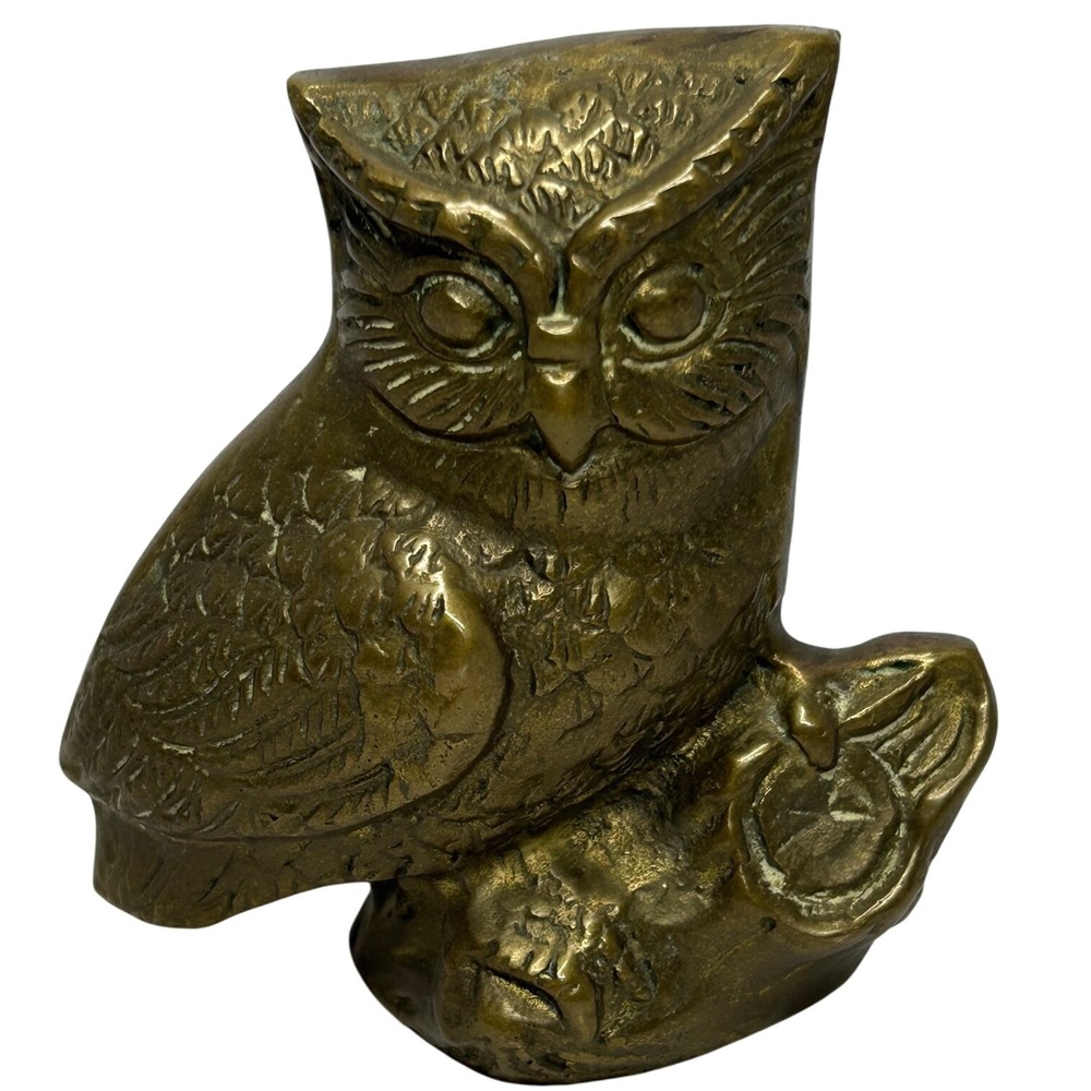 Vintage Brass Owl Figurine Statue‎ on Branch Small Desk Decor Bird